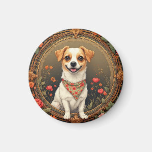 Imán Perro Adorable Enmarcado por Flores Coloridas