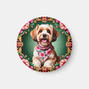 Imán Perro Adorable Enmarcado por Flores Coloridas