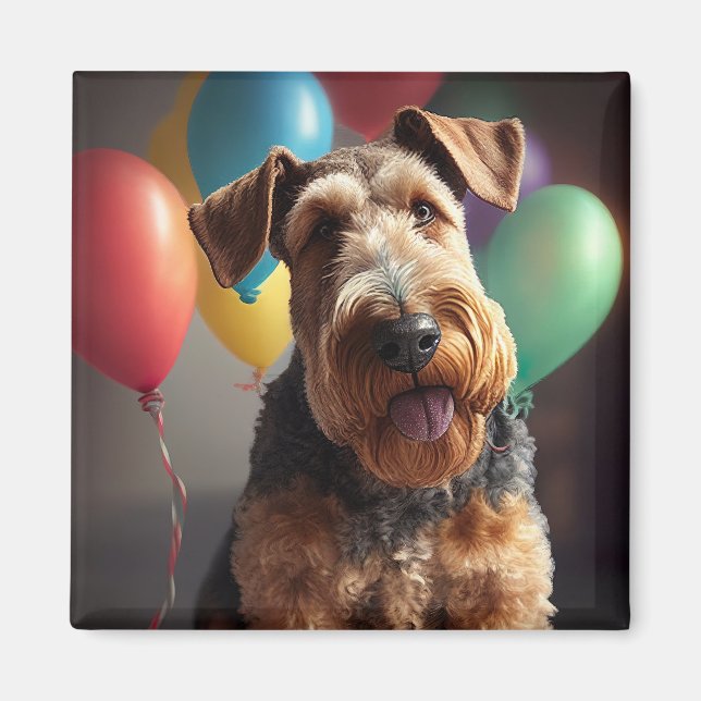 Imán Perro Airedale con torta y globos (Frente)