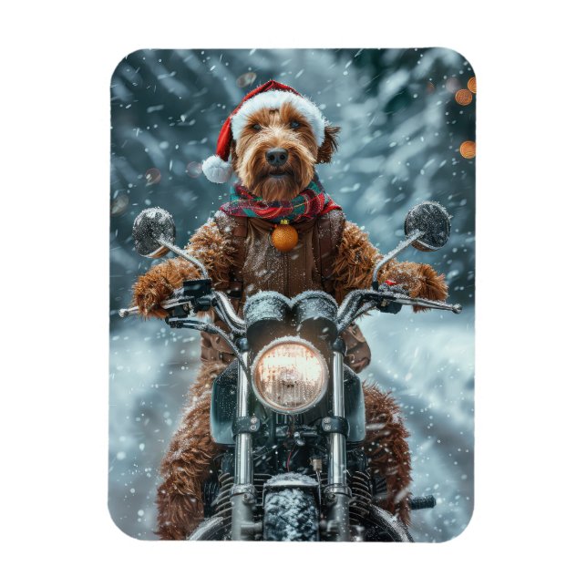 Imán Perro Airedale montando motocicleta Navidad (Vertical)