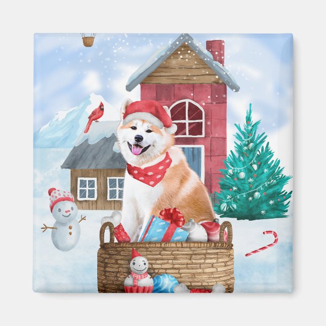 Imán Perro Akita En Casa De Perros De Navidades De Niev (Frente)
