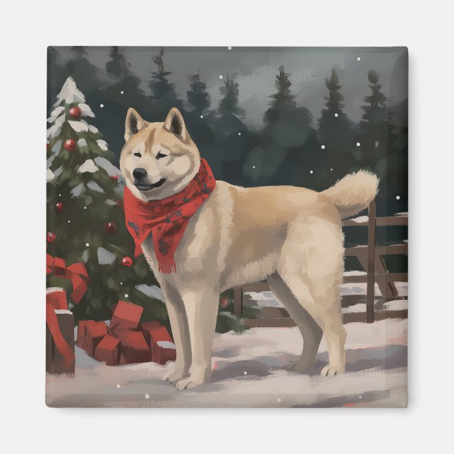 Imán Perro Akita en Navidad con Nieve (Frente)