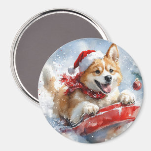 Imán Perro Akita en Trineo Deja que Nieve Navidad