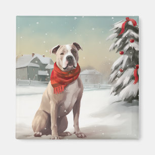 Imán Perro American Staffordshire en Navidad con nieve 