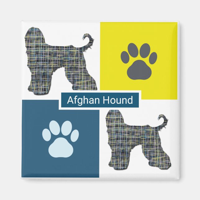 Imán Perro anidado afgano y malla amarilla y azul (Frente)