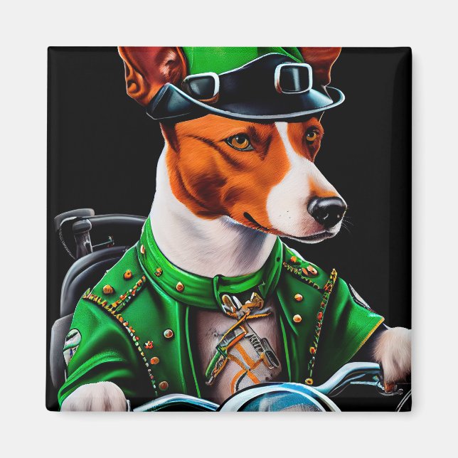 Imán Perro Basenji montando bicicleta Día de San Patric (Frente)