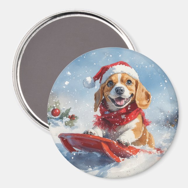 Imán Perro Beagle con manchas y Navidades de nieve (Anverso/Reverso)