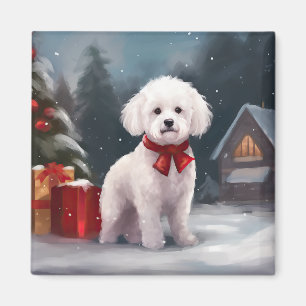 Imán Perro Bichon Frise en Navidad en la Nieve