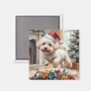 Imán Perro Bichon Frise Esponjoso Alegría Navideña