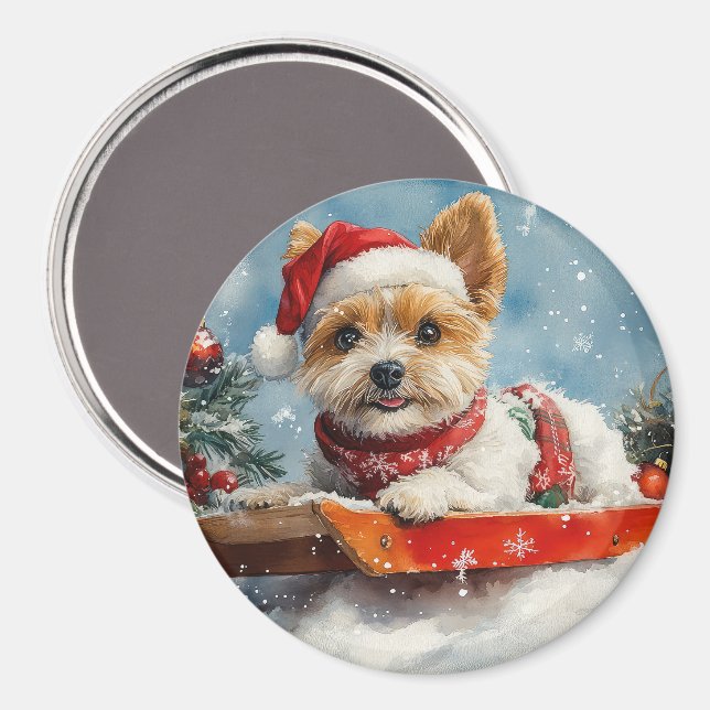 Imán Perro Biewer Terrier en Trineo Deja que Nieve Navi (Anverso/Reverso)