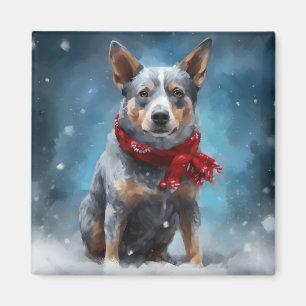 Imán Perro Blue Heeler en Navidad con nieve
