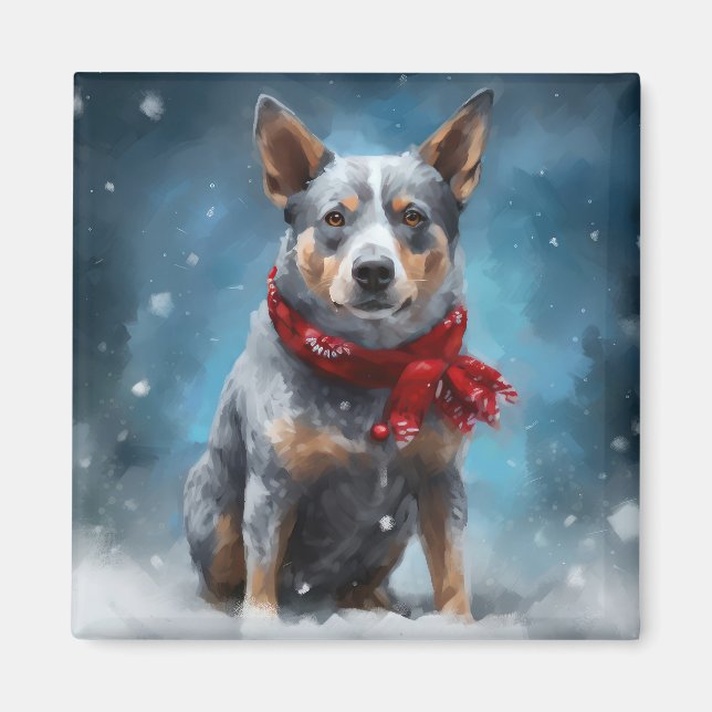 Imán Perro Blue Heeler en Navidad con nieve  (Frente)