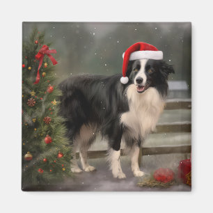 Imán Perro Border Collie en Navidad con Nieve