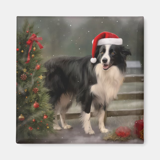 Imán Perro Border Collie en Navidad con Nieve (Frente)