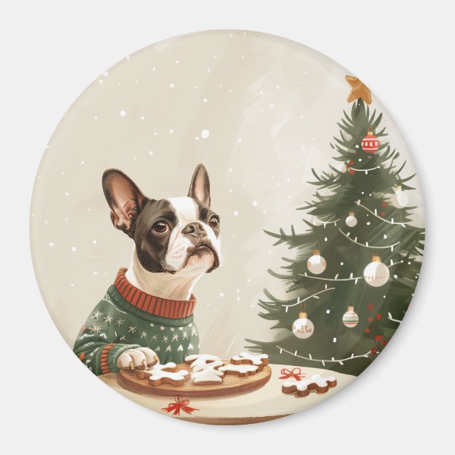 Imán Perro Boston Terrier de Navidad (Frente)