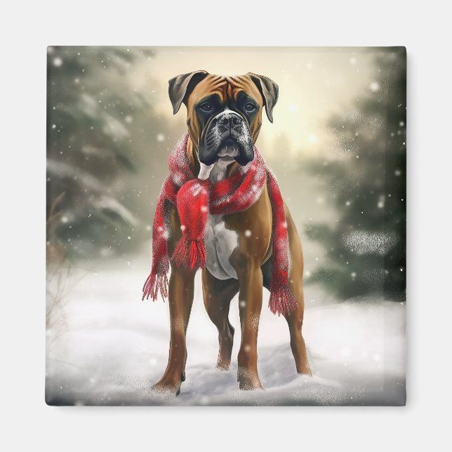 Imán Perro Boxer en Navidad con Nieve (Frente)