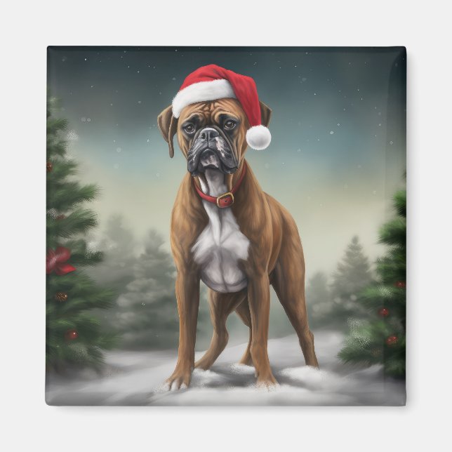 Imán Perro Boxer en Navidad con nieve  (Frente)