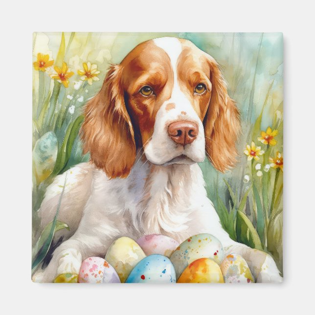 Imán Perro Brittany Spaniel con huevos de Pascua Fiesta (Frente)