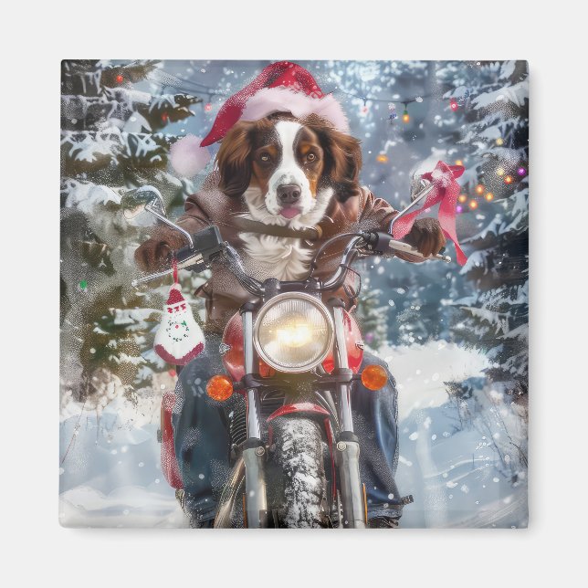 Imán Perro Brittany Spaniel montando motocicleta Navida (Frente)
