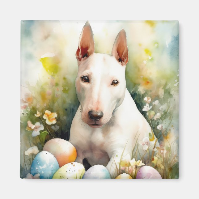 Imán Perro Bull Terrier con huevos de Pascua Fiesta (Frente)