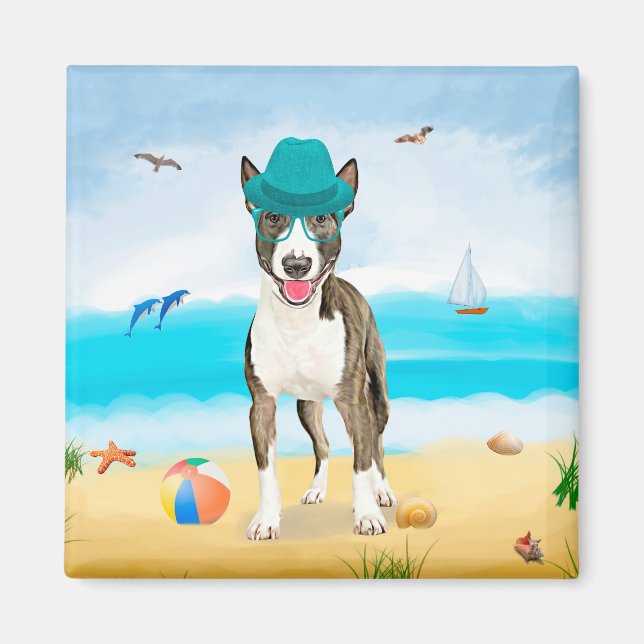 Imán Perro Bull Terrier en la playa (Frente)