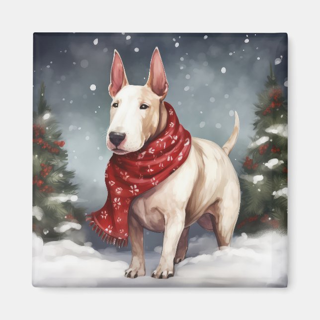 Imán Perro Bull Terrier en Navidad con Nieve (Frente)