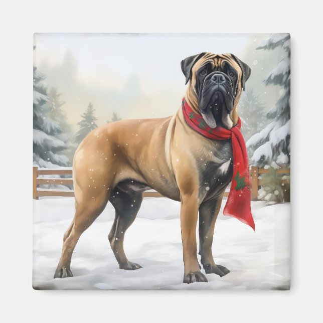 Imán Perro Bullmastiff en Navidad con nieve (Frente)