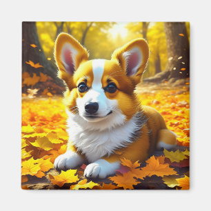 Imán Perro cachorro de Corgi jugando en hojas de otoño