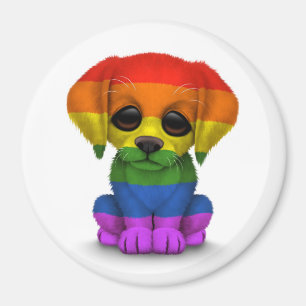 Imán Perro cachorro del orgullo gay arcoiris, blanco