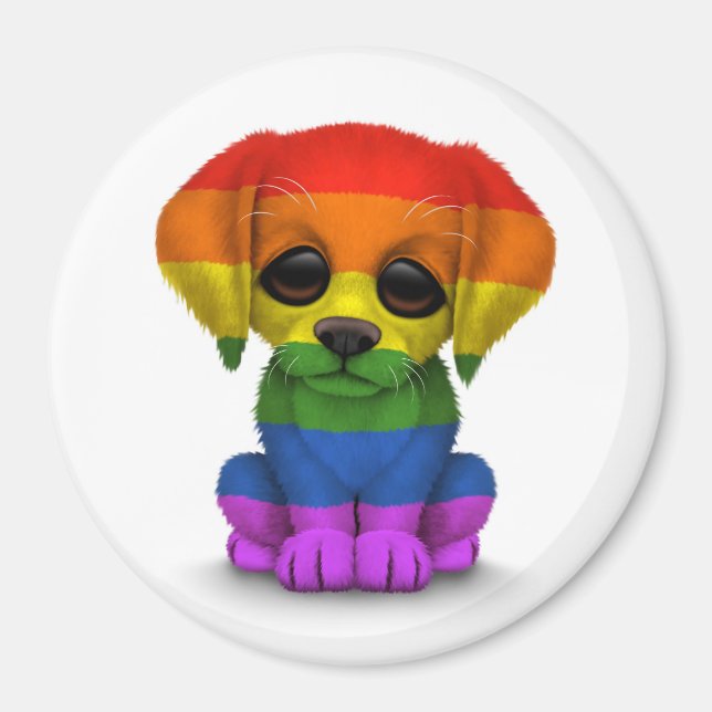 Imán Perro cachorro del orgullo gay arcoiris, blanco (Frente)