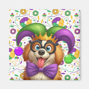 Imán Perro cachorro lindo Mardi Gras en gorra de bufón