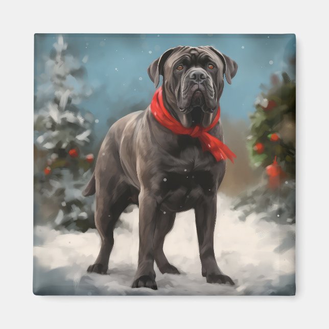 Imán Perro Cane Corso en Navidad con nieve (Frente)