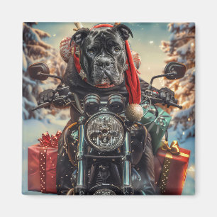 Imán Perro Cane Corso montando motocicleta en Navidad
