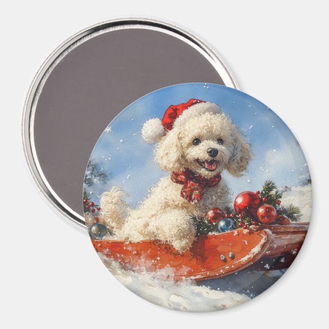 Imán Perro Caniche en Trineo Deja que Nieve Navidad (Anverso/Reverso)