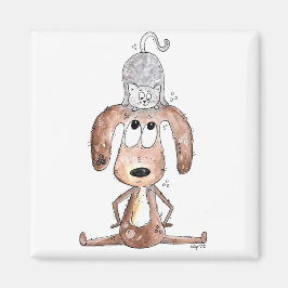 Imán Perro caprichoso con gato en la cabeza