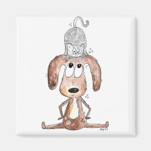 Imán Perro caprichoso con gato en la cabeza