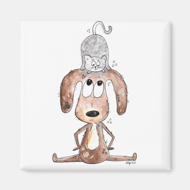 Imán Perro caprichoso con gato en la cabeza (Frente)