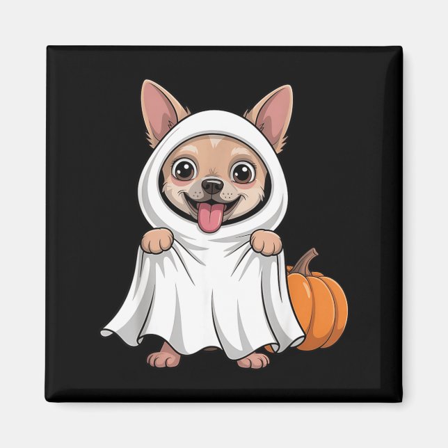 Imán Perro Chihuahua con disfraz de fantasma blanco Per (Frente)
