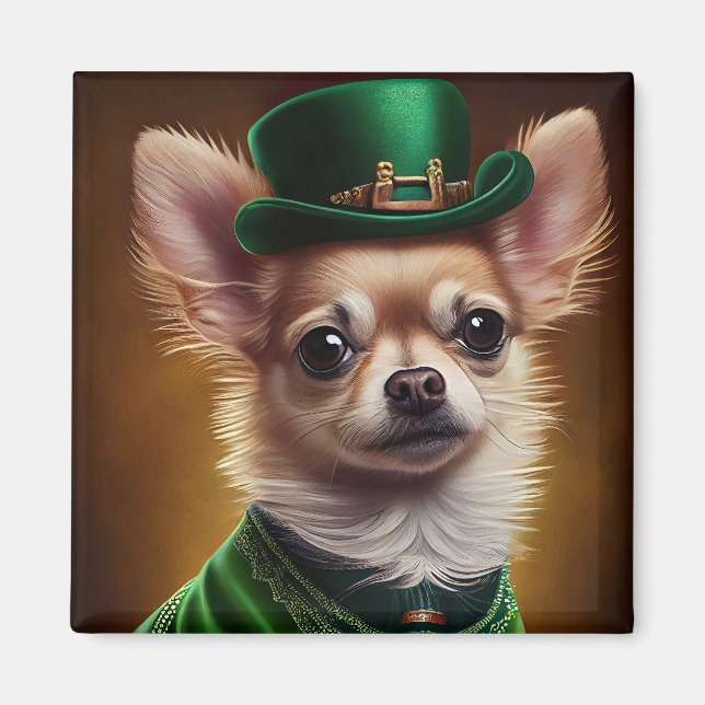 Imán Perro Chihuahua con vestido del Día de San Patrici (Frente)