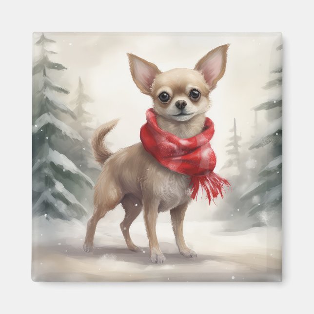 Imán Perro Chihuahua en Navidad con nieve  (Frente)