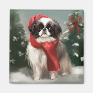 Imán Perro Chin Japonés en Navidad con Nieve