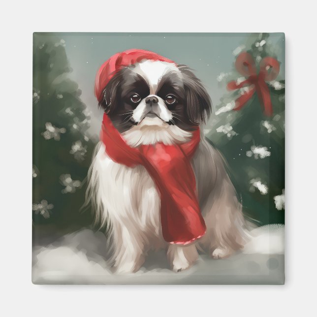 Imán Perro Chin Japonés en Navidad con Nieve (Frente)