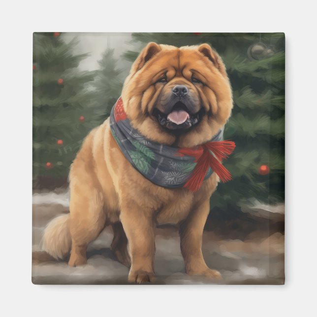 Imán Perro Chow Chow en Navidad con Nieve (Frente)