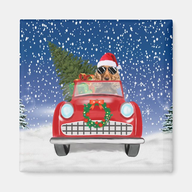 Imán Perro Cocker Spaniel conduciendo coche en Navidad  (Frente)