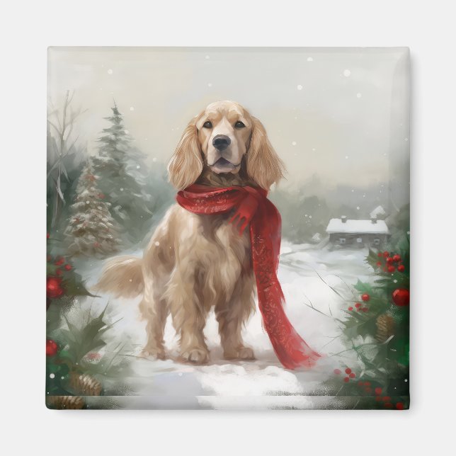 Imán Perro Cocker Spaniel en Navidades de Nieve (Frente)