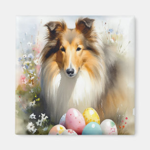 Imán Perro Collie áspero con huevos de Pascua Fiesta