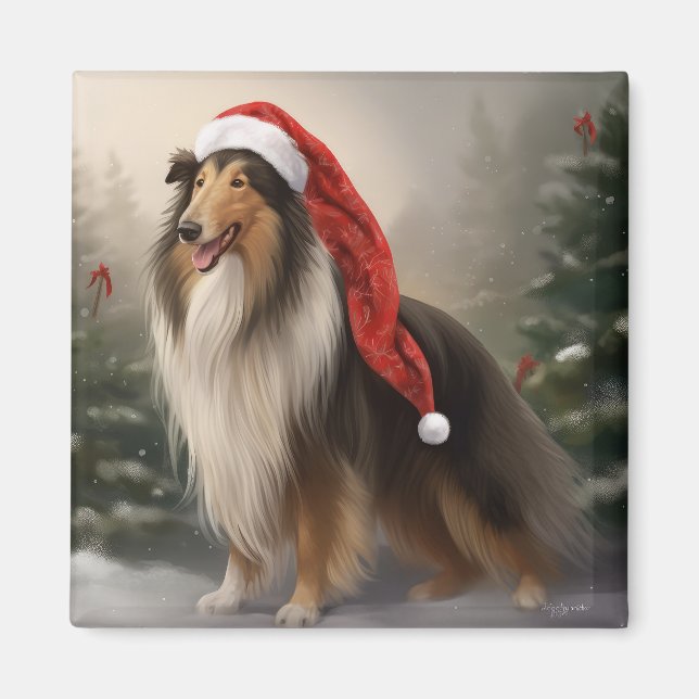 Imán Perro Collie Áspero en Navidad con Nieve (Frente)