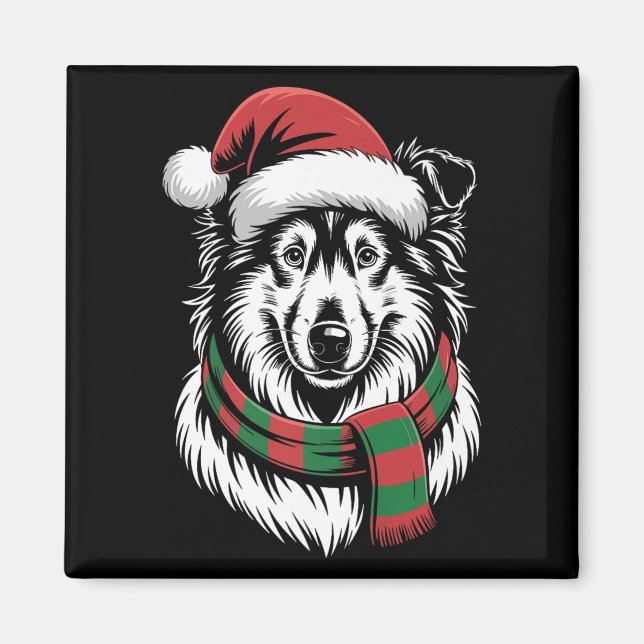 Imán Perro Collie Áspero Gorro Bufanda Navidad Santa Na (Frente)