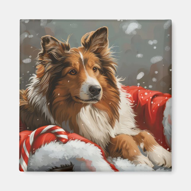Imán Perro Collie áspero Navideño Festivo (Frente)