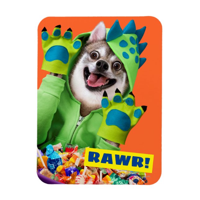 Imán Perro con traje de dinosaurio (Vertical)